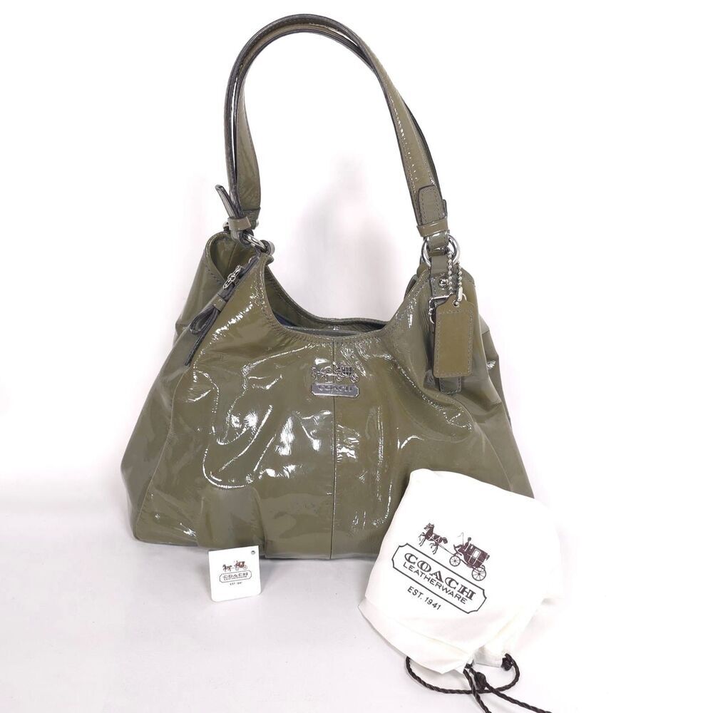 COACH Madison Patent Maggie Glossy Dark Grey Leather Satchel Bag Shoulder Purse